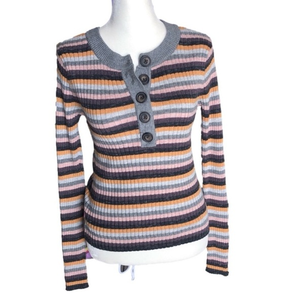 American Eagle Outfitters Sweaters - American Eagle Multi Colored Striped Quarter Button-Down Crew Neck Sweater
